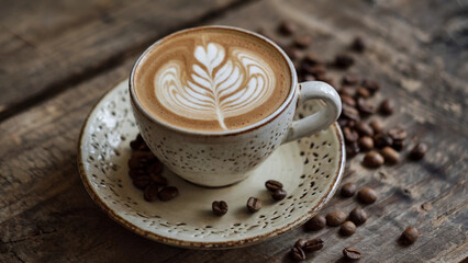 Latte in Speckled Ceramic Cup with Leaf Art and Coffee Beans on Rustic Wooden Surface