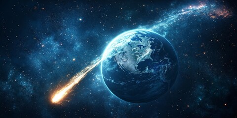 Comet passing planet Earth in outer space, cosmic scene for sci-fi visuals