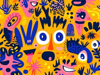 Fototapeta premium Vivid urban graffiti featuring colorful faces and abstract shapes