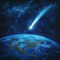 Obraz premium Comet passing planet Earth in outer space, cosmic scene for sci-fi visuals
