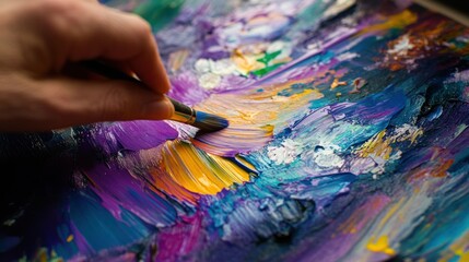 Fototapeta premium Close-up of Hand Painting Abstract Artwork with Brush