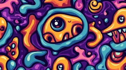 Fototapeta premium Vibrant graffiti artwork featuring abstract shapes and colorful creatures