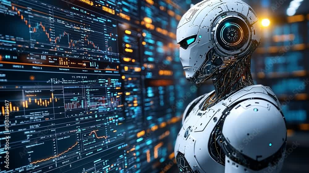Poster robot analyzing financial data in a high-tech environment during a futuristic business setting
