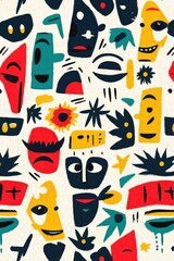 Fototapeta premium Vibrant street art featuring abstract faces and shapes on a wall