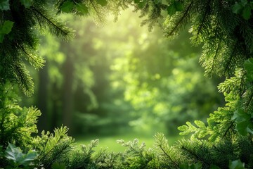 Obraz premium Sunlight filtering through fir tree branches in a lush green forest
