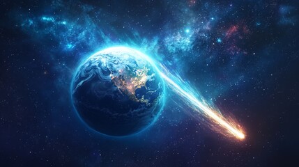 Comet passing planet Earth in outer space, cosmic scene for sci-fi visuals