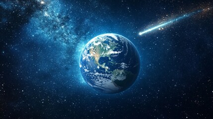 Obraz premium Comet passing planet Earth in outer space, cosmic scene for sci-fi visuals