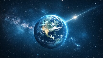 Comet passing planet Earth in outer space, cosmic scene for sci-fi visuals