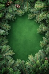Lush fir tree branches framing a serene green background with pinecones