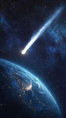 Fototapeta premium Comet passing planet Earth in outer space, cosmic scene for sci-fi visuals