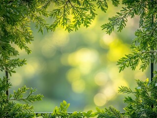 Lush fir tree branches framing a bright, sunlit forest backdrop