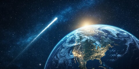 Obraz premium Comet passing planet Earth in outer space, cosmic scene for sci-fi visuals