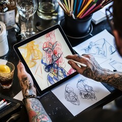 Tattoo Artist Sketching on an iPad Pro with Colored Pencils and Wine