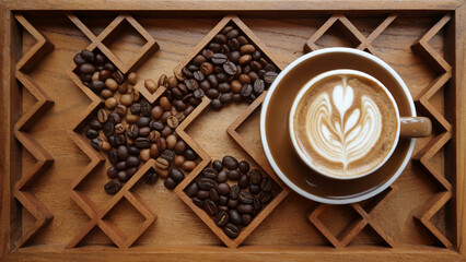 Latte with Heart Art in Earth-Toned Cup on Geometric Wooden Tray Decorated with Coffee Beans