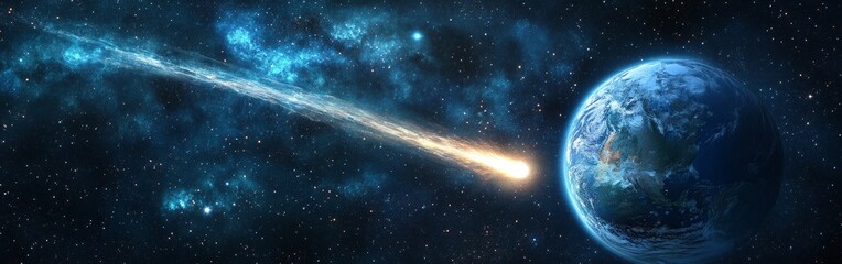 Comet passing planet Earth in outer space, cosmic scene for sci-fi visuals