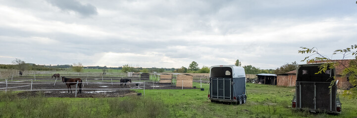 Horse trailers and grazing fields under a cloudy sky illustrate rural transport and boarding solutions at a European countryside farm
