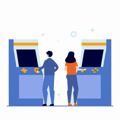 Two people playing a video game. One is a man and the other is a woman. They are standing in front of two video game machines