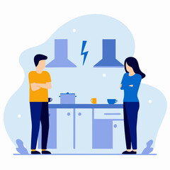 A man and woman are standing in a kitchen, with the man looking angry and the woman looking upset