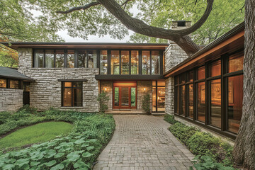 The front entrance to an elegant, modernist home in Chicago's Lincoln Park neighborhood. The home features stone and wood accents, glass walls on one side, and lush green landscaping surrounding it.
