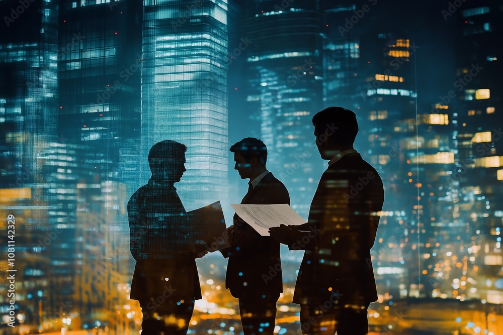 Poster a business meeting occurs in a modern urban setting where professionals discuss essential topics tha