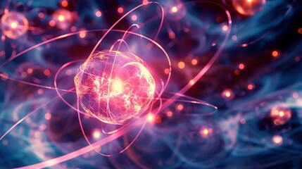 Detailed image of electrons forming an electron cloud around a nucleus illustrating quantum mechanics
