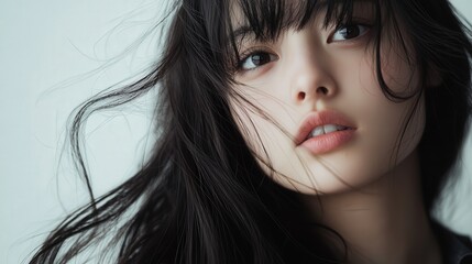 Fototapeta premium Close-up portrait of a young woman with long black hair, looking away from the camera