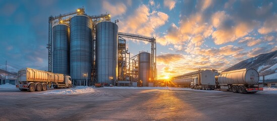 Obraz premium Industrial silos and trucks at sunset.