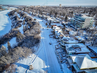 Aerial Drone View of Nutana Neighborhood in Saskatoon, Saskatchewan