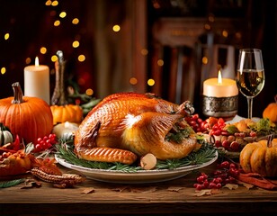 Dinde rôtie sur une table de fête - Noël, Thanksgiving
