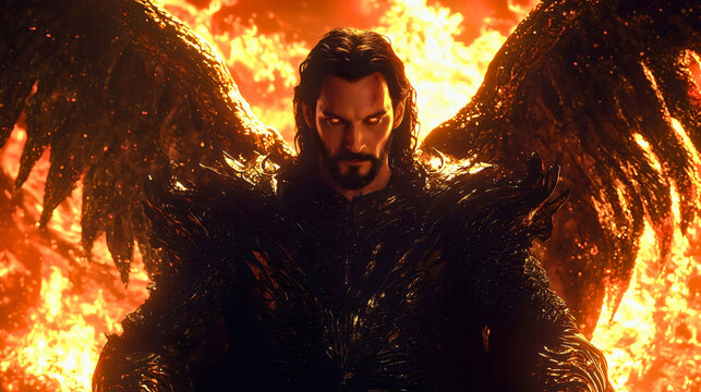 Grandiose Lucifer, sitting on his throne in Hell, ruling over the underworld as he watches the events unfolding around him.