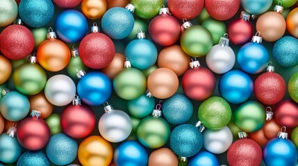 Close-up of vibrant Christmas ornaments on a festive table.