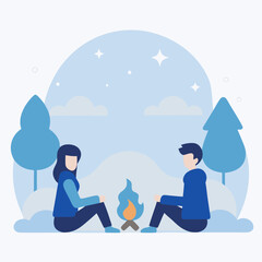 Two people sitting by a fire in the woods. The man is wearing a blue jacket and the woman is wearing a blue sweater. Scene is warm and cozy, as the couple enjoys their time together by the fire