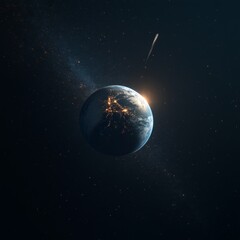 Obraz premium Comet passing Earth in space, stunning view of celestial travel and cosmic beauty