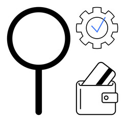 Magnifying glass, gear with a check mark, wallet with a credit card representing analysis, system efficiency, and financial management. Ideal for business, finance, technology, analysis