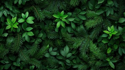 Fototapeta premium Lush fir tree branches complemented by vibrant green leaves in nature