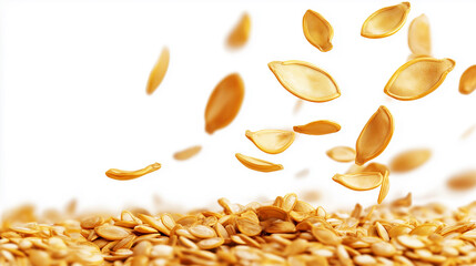 Pumpkin seeds falling isolated on a white background