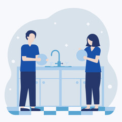 A man and a woman are washing dishes together. The man is holding a plate and the woman is holding a cup. The scene is set in a kitchen with a sink and a counter