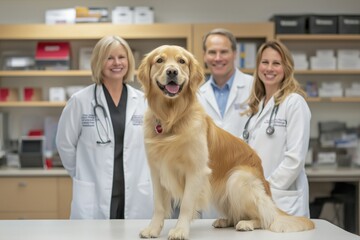 Veterinary professionals are caring for a friendly Golden Retriever in the clinic, demonstrating their dedication to canine health through proper exercise and healthcare practices
