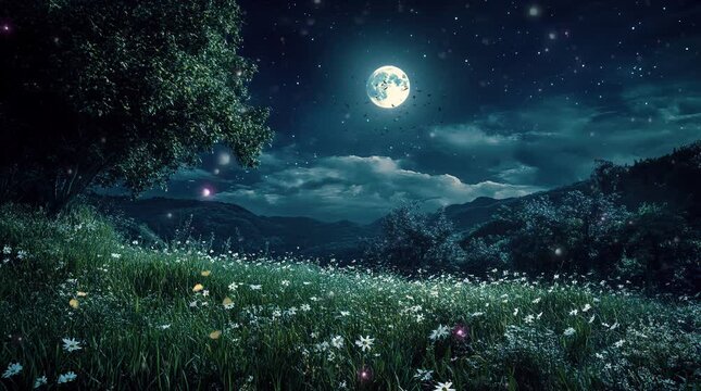 Grassland glowing under full moonlight beside dark forest during quiet night
Seamless looping 4k time-lapse virtual video animation Generated AI