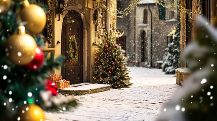 Small Christmas tree adorned with lights in a snow-covered street.