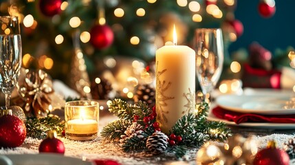 Festive table with candles and Christmas decorations, tree twinkling in the background.