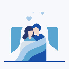 Fototapeta premium A couple is hugging each other in bed. The man is wearing a blue shirt and the woman is wearing a blue shirt. The bed is covered in a blue blanket