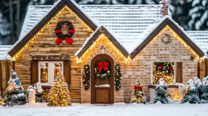 Two quaint houses adorned with vibrant Christmas lights and festive decorations.