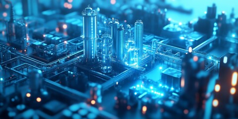 A Cluster of Factories with a Blue Hue Translucent Fluorescent Glow Generative AI