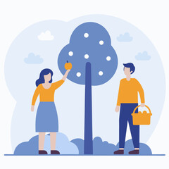 A man and a woman are standing in front of a tree, with the man holding a basket. The woman is reaching for an apple on the tree. Concept of adventure and exploration