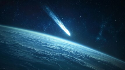 Fototapeta premium Comet passing Earth in space, stunning view of celestial travel and cosmic beauty
