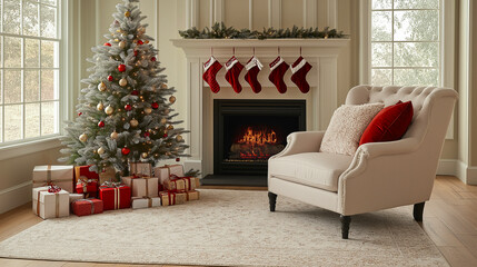Christmas tree decorated with red and gold ornaments in a cozy living room setting for holiday ambiance
