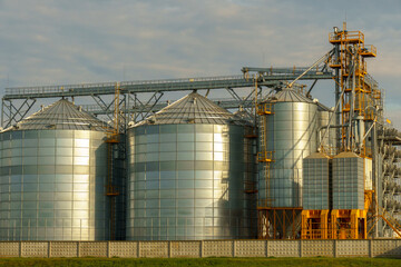 silver silos on agro manufacturing plant for processing drying cleaning and storage of agricultural products, flour, cereals and grain. Large iron barrels of grain. Granary elevator