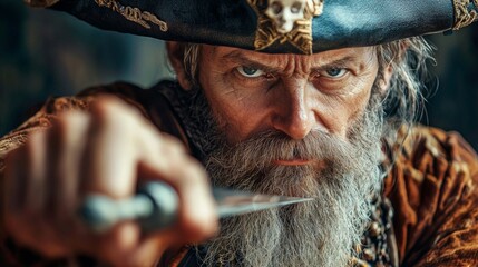 Naklejka premium Portrait of fierce pirate with knife and intense gaze