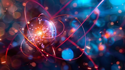 Detailed image of electrons forming an electron cloud around a nucleus with energy level transitions